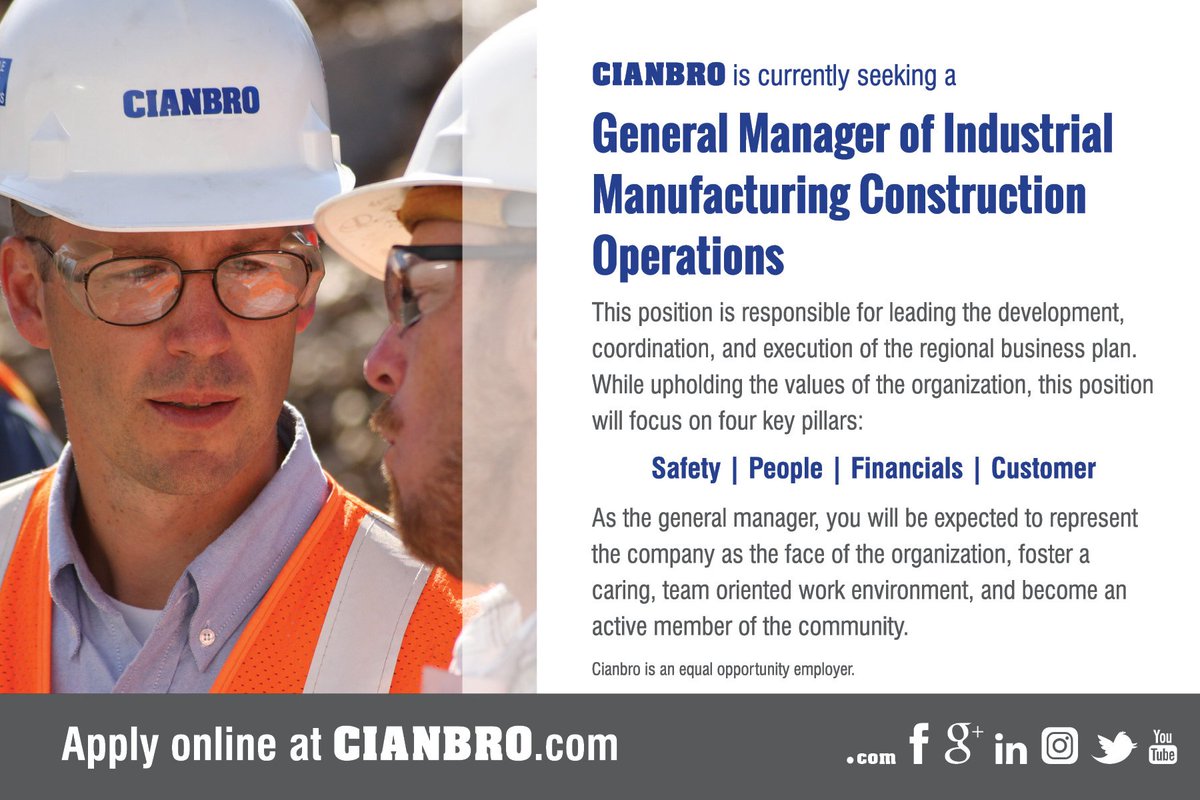 Cianbro's tweet photo. Cianbro is currently seeking a General Manager of Industrial Manufacturing Construction Operations. Find out more about this opportunity at https://t.co/c6xuQ79UJ0. #AGCofA #ABCMaine #ABCNHVT #ABCMass #CT_ABC #NCCER #construction #ENRnews https://t.co/6UJ3rnRZP9