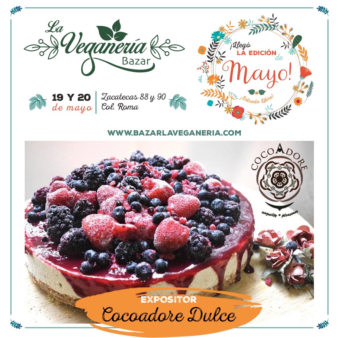 BazarVeganeria's tweet photo. 🌺 @cocoadoremx Dulce🌺
Deliciosos cheesecakes, elaborados  a base de frutos secos con dátiles #SinGluten #SinSoya #SinAzúcar ademas de otros productos.
Te esperamos 19 y 20 de mayo en Zacatecas 88/90 Col Roma #CDMX #Vegano #EntradaLibre #PetFriendly #TodosSomosLaVeganeria 🌿🌺🌸 https://t.co/FL087qUslq