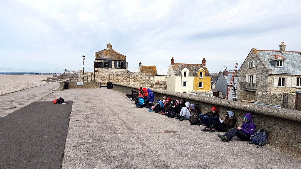 LeesonHouse's tweet photo. A blustery but fantastic day spent on #chesilbeach and at #chiswell with @Stedsgeography GCSE students looking at geographical flows and mitigating risks for the @eduqas @eduqas_geog specification #geographyteacher #monday https://t.co/7m1hOGcpdf