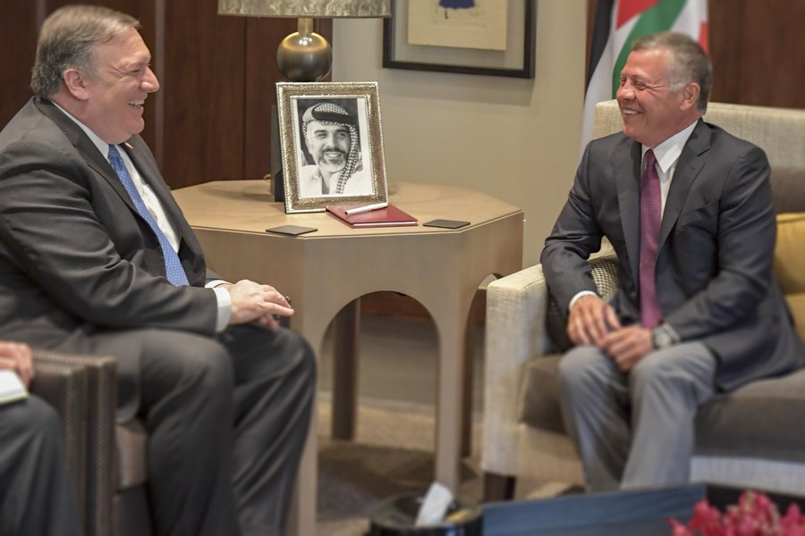 U.S. Secretary of State Mike Pompeo meets with Jordanian King Abdullah II Ibn Al Hussein at the Husseiniyyah Palace in Amman, Jordan, on April 30, 2018.