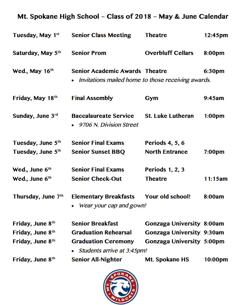 Mt. Spokane HS (@mtspokanehs) on Twitter photo Hey SENIORS! Check these UPDATED dates! Mark your calendars! It's going to be a FUN, yet FAST, last month! <a href="/MSHS_Cats2018/">MSHS Class of 2018</a>
#GoCats Hey SENIORS! Check these UPDATED dates! Mark your calendars! It's going to be a FUN, yet FAST, last month! <a href="/MSHS_Cats2018/">MSHS Class of 2018</a>
#GoCats