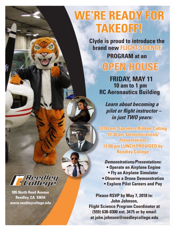 reedleycollege's tweet photo. Don't miss our upcoming Open House!
Please RSVP by May 7, 2018, to John Johnson, Flight Science Program Coordinator at (559) 638-0300, ext. 3475 or by email at john.johnson@reedleycollege.edu
#FlightScience #Reedley https://t.co/S7YrJCmyHN