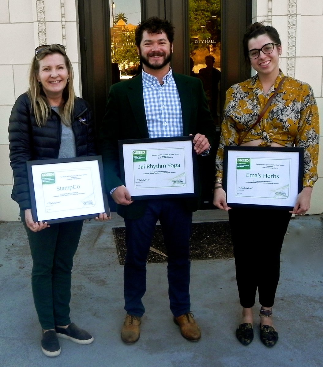 Congratulate 3 New City of Ventura Certified Green Businesses — StampCo, Ema's Herbs,Jai Rhythm Yoga: bit.ly/2raagdq