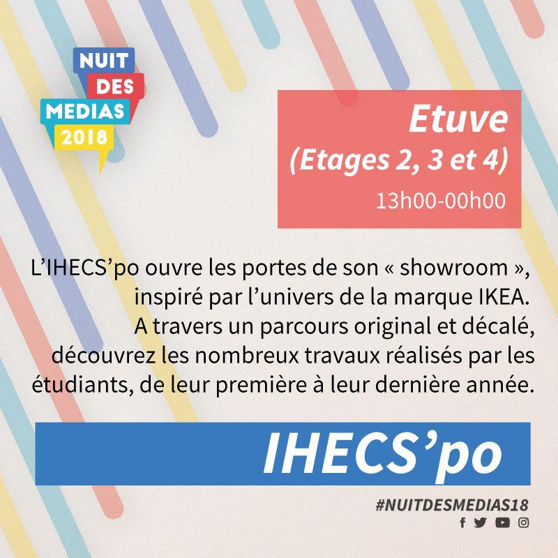 Nuitdesmedias's tweet photo. La Nuit des Médias, c’est l’occasion de voir tous les travaux des étudiants réalisés au cours de l’année, le tout accompagné d’un cocktail concocté par tes profs préférés! #ihecspo #IHECS #CEICS #nuitsdesmédias18 https://t.co/G3myJbVF9Z