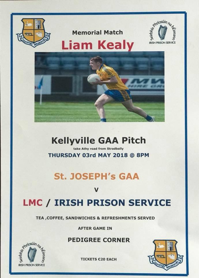 PeterFarr_'s tweet photo. If anyone is at a loose end in the south Laois area on Thursday please come out and support this. @Stjosephsgaa v Irish Prison Service and LMC for a great cause. Tickets available in Pedigree, Flemings and from club officials https://t.co/bDJHMah1nj