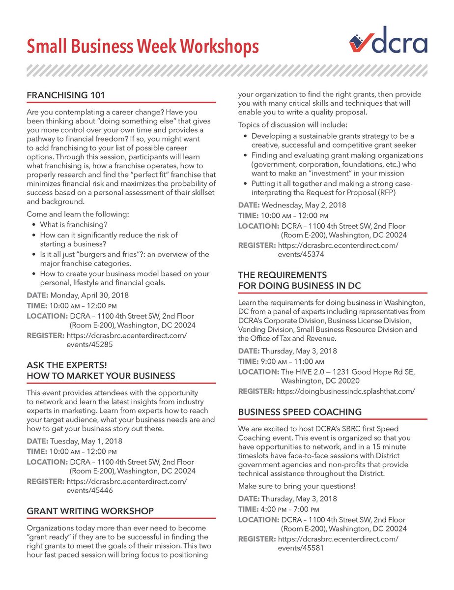 DCRA_SBRC's tweet image. #DCSmallBizWeek has started! Check out these amazing workshops we are hosting this week. We will also be throughout the city. See you all this week 🤗