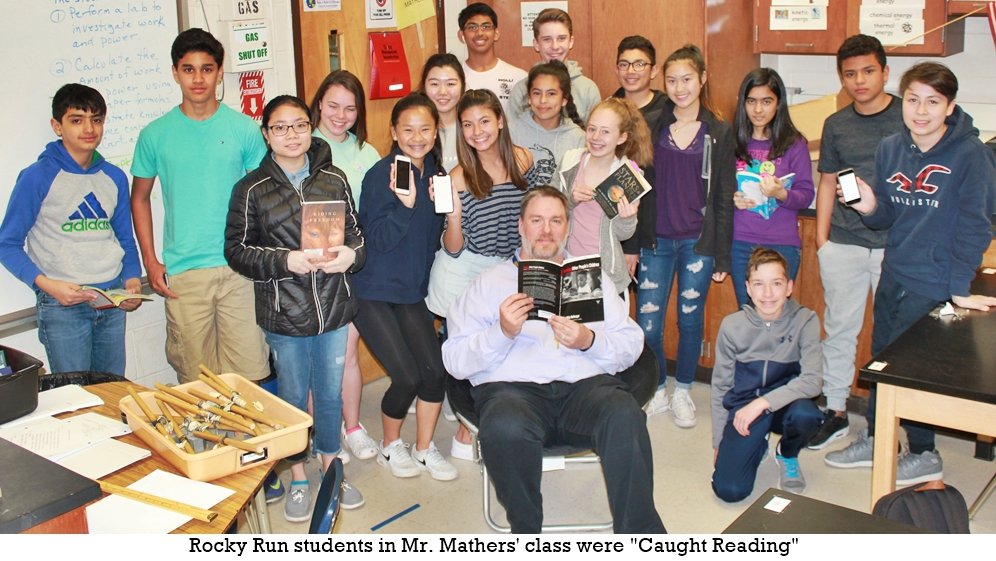 RockyRunMS's tweet photo. Rocky Run students in Mr. Mathers and Mr. Rogers' classes were "Caught Reading" today. If everyone in the class, is reading, the class wins a book for the classroom library, use of one of our comfortable saucer chairs until the end of the year and of course their picture. https://t.co/rlosSVrXw5