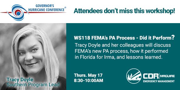 Our own Tracy Doyle is educating attendees at the Governor’s Hurricane Conference in May! #Sharingwhatwevelearned #FEMAsNewPAModel #Irmarecovery Go to flghc.org to learn more.