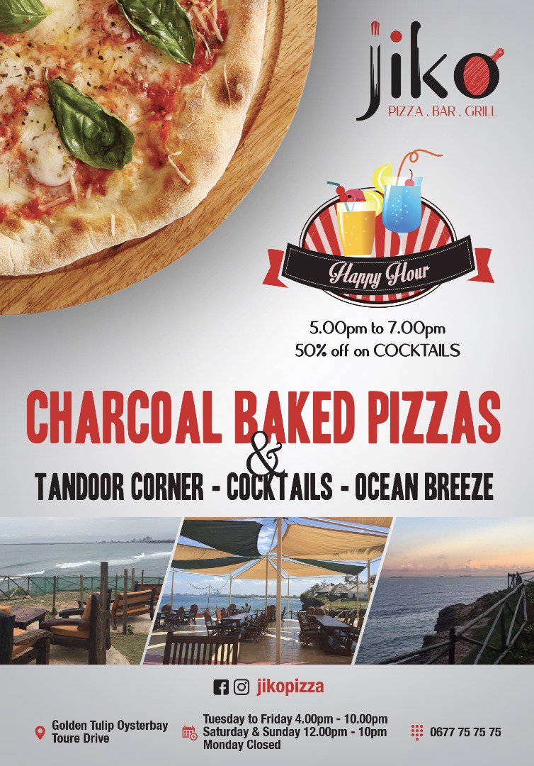JikoPizzaBar's tweet photo. Hello Twitter! 
Jiko Pizza Bar &amp; Grill @ GoldenTulipDarEsSalaam now open for Happy Hour Tuesday to Sunday! 
#JikoPizza #JikoBar #JikoViews #JikoHappyHour #SundayFunday #TequilaTuesday #WhiskeyWednesday #ThirstyThursday #FreakyFriday #SlipperySaturdays https://t.co/8LAYBlsvLu