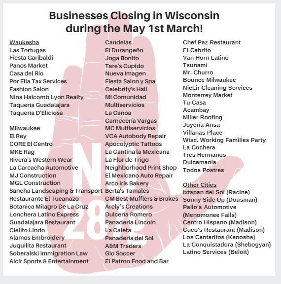 Here’s a partial list of Wisconsin businesses closing tomorrow in solidarity with Waukesha families urging <a href="/WaukeshaSheriff/">Waukesha County Sheriff</a> Eric Severson to not make his sheriffs ICE agents thru the 287g program! March at 10am from Cutler Park in Waukesha, info at vdlf.org/mayday2018 #MayDay