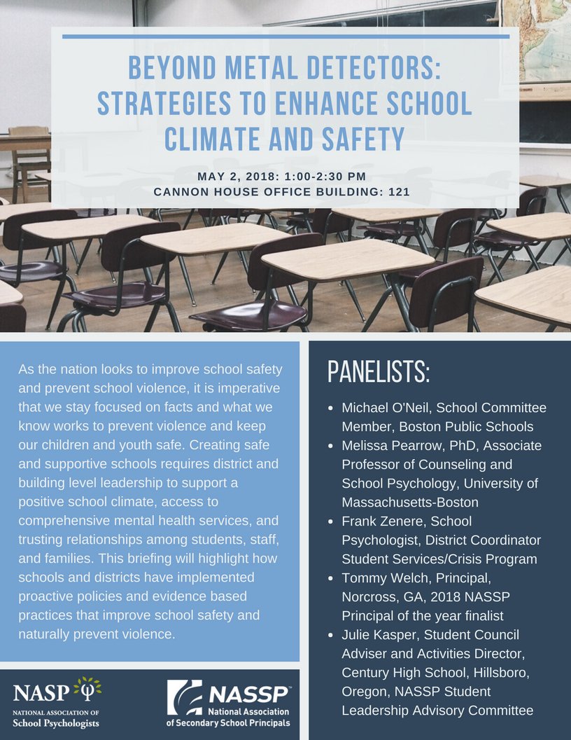 nasponline's tweet photo. On Wednesday at 1:00 p.m. EDT, NASP will cohost a congressional briefing on policies and practices to support comprehensive #schoolsafety efforts and will stream the event via Facebook Live. Join us virtually to hear from the panelists &amp; ask them Qs.  https://t.co/N0F0ItBwzL https://t.co/sRjvjoxYCA