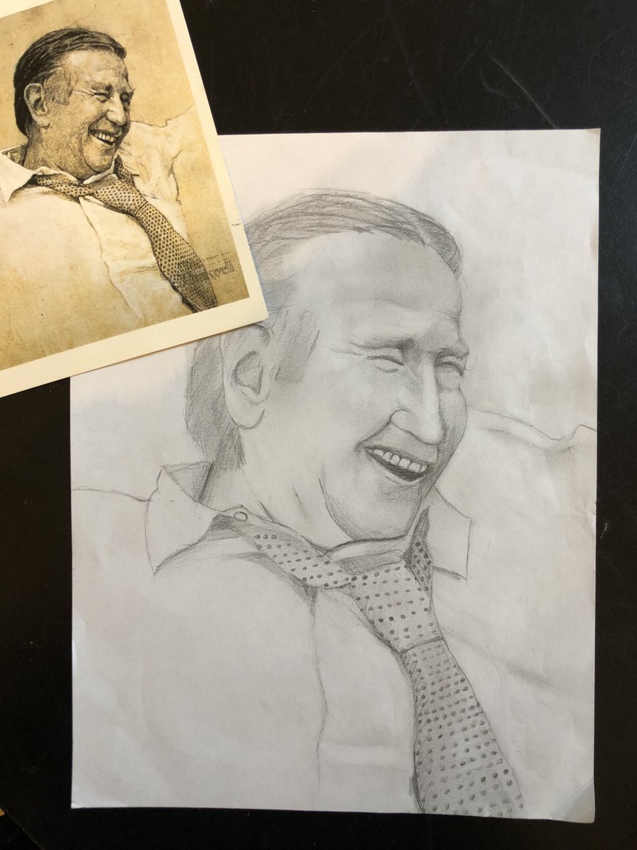 GillinghamCS's tweet image. Norman Rockwell illustrated copywork by 9th grader, Olivia Collins. #WolfpackPride 🐺