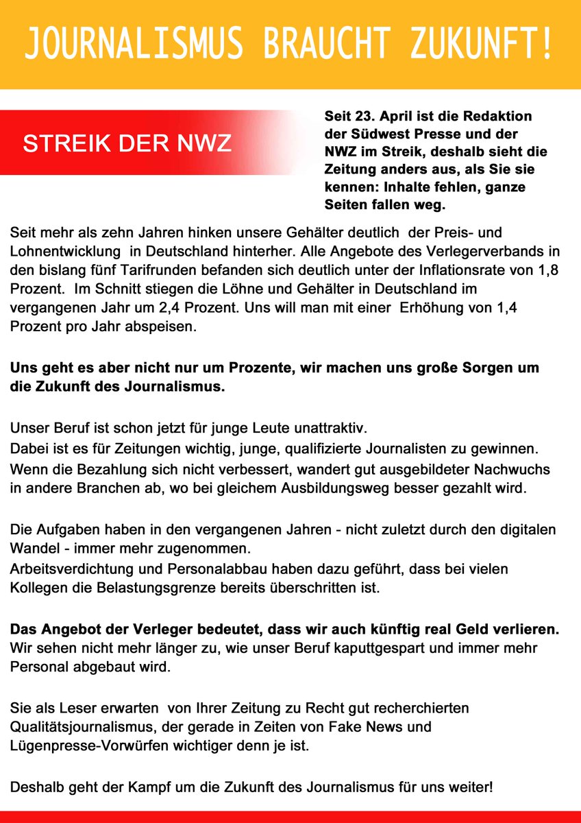 Wir treffen uns morgen auf der Straße! Dann gibt's auch unser Flugblatt für die Göppinger Leser der NWZ.  #tvtz18 #zeitungsstreik <a href="/tarif_medien/">tarif_medien</a> <a href="/djuverdi/">dju in ver.di</a> <a href="/DJVde/">Journalisten-Verband (DJV) @DJV@federated.press</a> <a href="/DJVBW/">DJV Baden-Württemberg</a> <a href="/Volostreik/">Junge Journalist*innen im Streik</a>