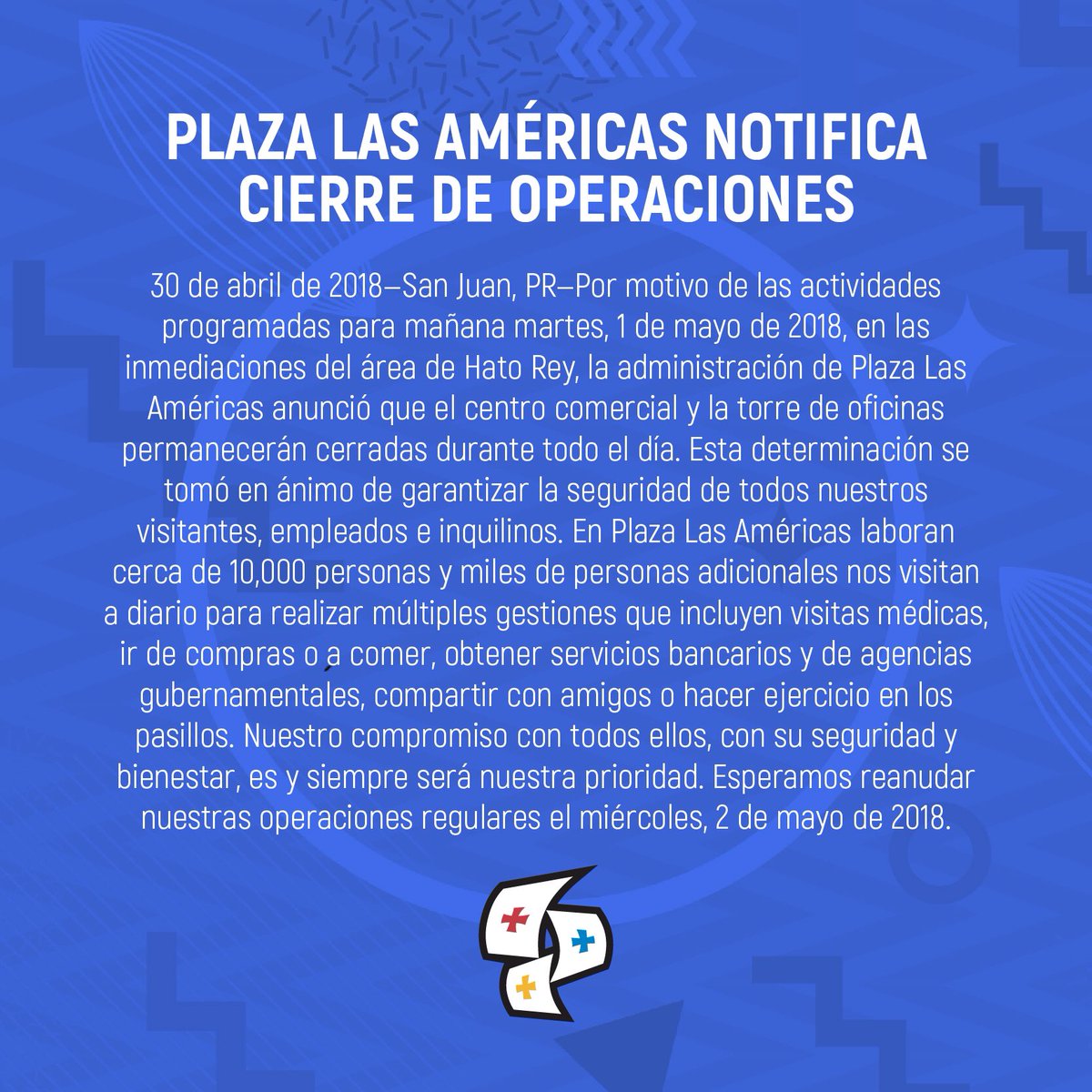 elcentrodetodo's tweet photo. Plaza Las Américas notifica cierre de operaciones mañana martes, 1 de mayo https://t.co/F2MZWELCN5