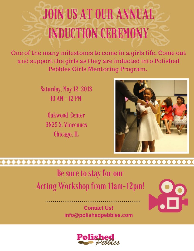 PolishedPebbles's tweet photo. Join the Polished Pebbles family as we host our Annual Induction Ceremony. May 12, 2018 from 10 A.M- 12 P.M,
located at Oakwood Center
3825 S. Vincennes
Chicago, IL.
for more information please contact us at info@polishedpebbles.com #secondsaturdayprogram #polishedpebbles https://t.co/ndEJRPLmzy