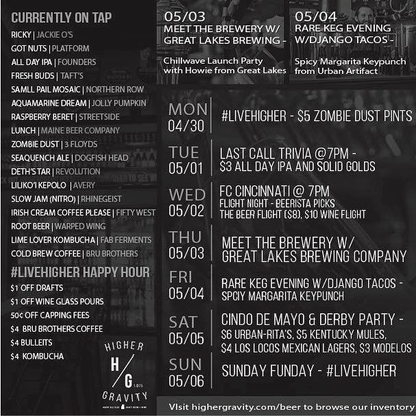 Higher_Gravity's tweet image. Fun week ahead with @glbc_cleveland in the house Thursday and peep that  @urbanartifactbeer keg we will have on Friday! Will pair nicely with @djangowesterntaco! Join us Saturday for Cinco de Mayo and 🐎festivities. #livehigher #bottleshop #taplist #crowler #growler #fccincin…