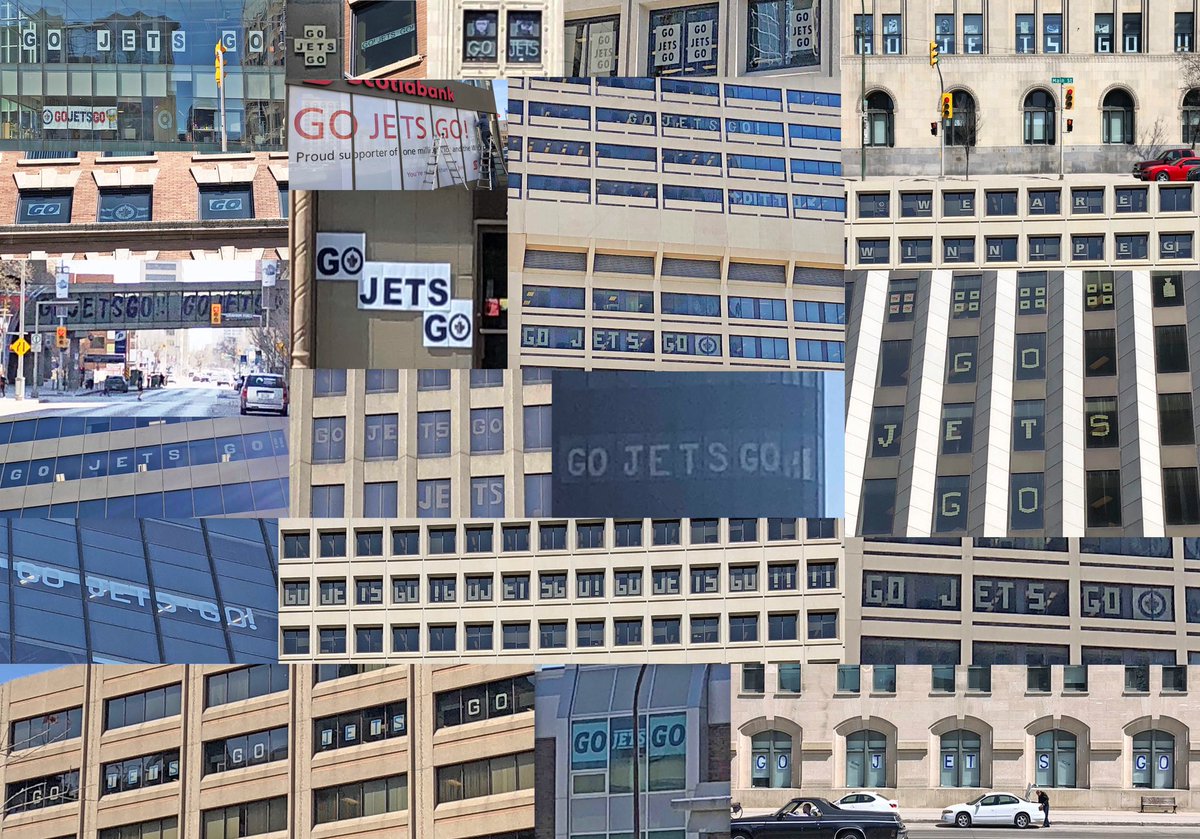 brent_bellamy's tweet photo. It’s difficult to find a building in downtown Winnipeg that doesn’t have a #GoJetsGo taped to the window. @NHLJets https://t.co/d0cflSddW8