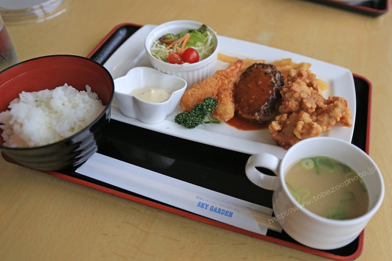 とべ動物園を応援する写真クラブ 公式 とべ動物園の展望レストラン スカイガーデンにて ランチです エビフライ ハンバーグ 唐揚げの３種類付きお得セットです レストラン内には 期間限定で鯉のぼりも展示されています とべ動物園 展望レストラン