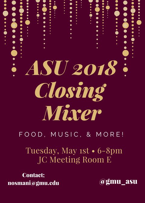 gmu_asu's tweet photo. Come out to out last event of the year, tomorrow 6-8 at the JC meeting room E! See you all there!! https://t.co/dktrNv8Zri