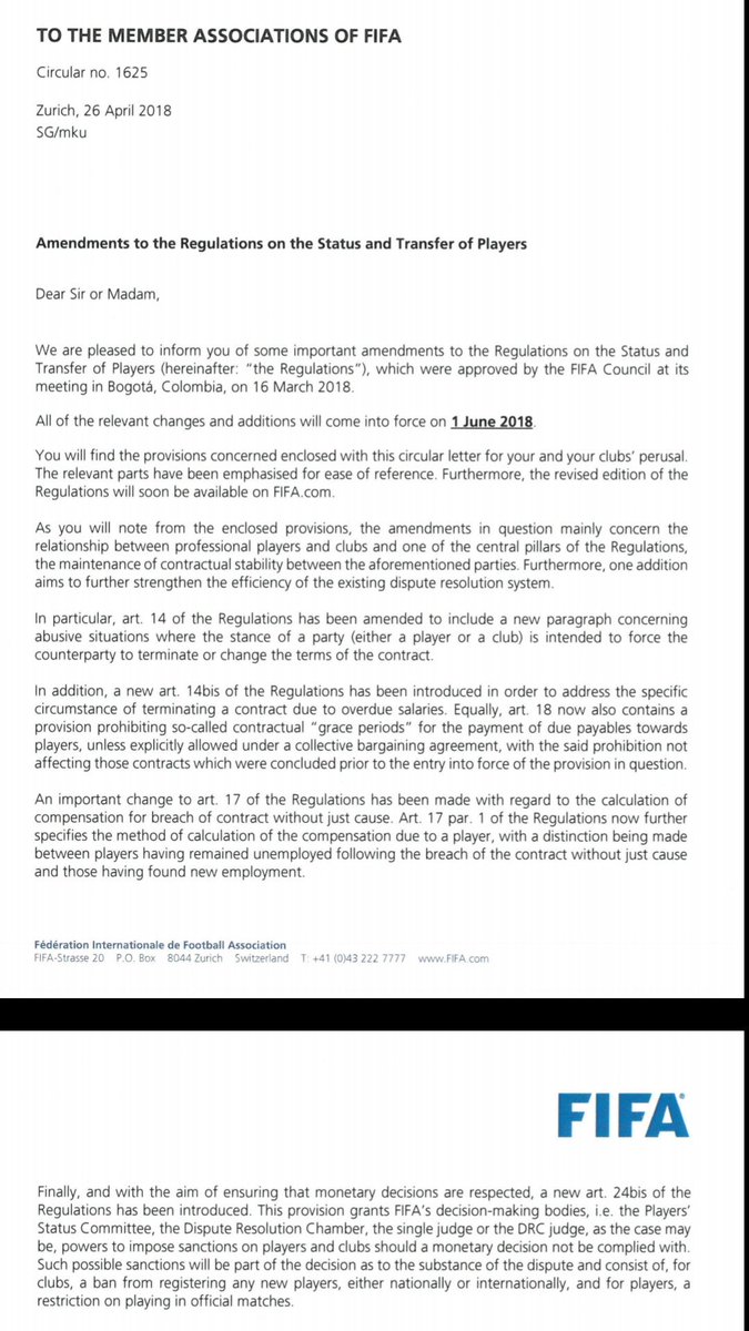 bedjosessien's tweet photo. Good move by  FIFA who have introduced amendments to The Regulations on the Status and Transfer of Players. 
From 1st June 2018, a player may terminate their contract for just cause over non payment of 2 month's salary https://t.co/60mpcDADBV