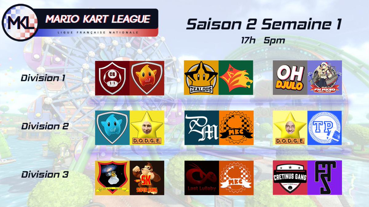 MKL_France's tweet photo. MKL - Voici le programme de la semaine concernant les trois divisions de  la compétition. De beaux matchs à venir et plein de nouvelles teams qui  auront à cœur de bien débuter! #NintendoSwitch #mk8 https://t.co/6ZRbXWxlYJ