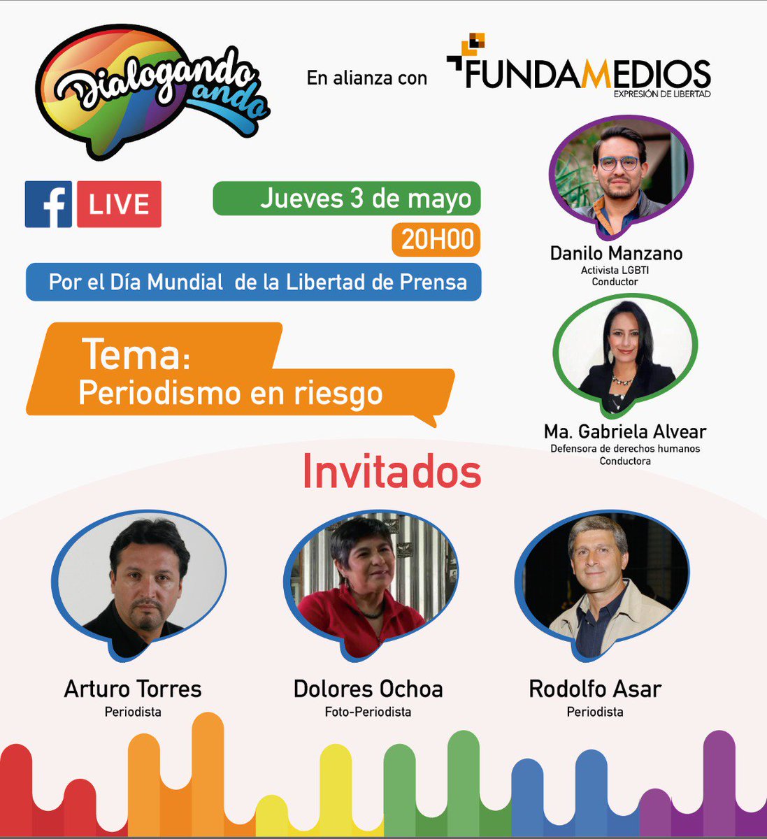 danomanzano's tweet photo. Este 3 de mayo por el Día Mundial de la #LibertadDePrensa #DialogandoAndo y @FUNDAMEDIOS y invitan al foro #PeriodismoEnRiesgo.
Invitados: @Cascabelito09, @Doloresochoar, @rodolfoasar
➡️ https://t.co/dwwMG7Oiur
@danomanzano @LibertadAlvear https://t.co/tvY02ExWij https://t.co/UwHUK1O1A1