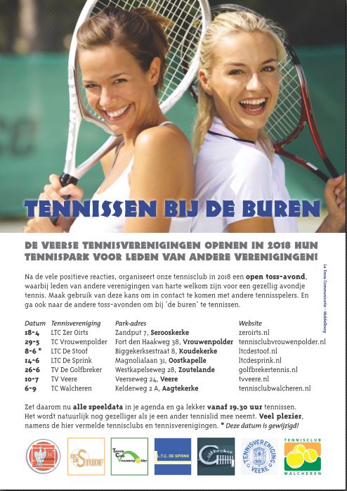 walcherentc's tweet photo. "Tennissen bij de Buren" editie 2018. Ook dit seizoen #tennissen de #Veerse Tennisclubs weer bij elkaar op hun Toss avonden. Kijk op de flyer waar en wanneer, neem je racket mee en kom ook! https://t.co/mqKYd3EI4a