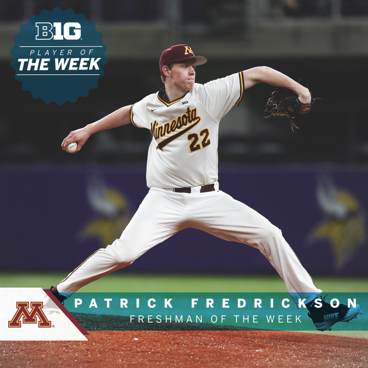 B1Gbaseball's tweet photo. Patrick Fredrickson of @GopherBaseball is the #B1GBaseball Freshman of the Week after matching his season high with seven strikeouts in 8.0 innings pitched to help Minnesota defeat Ohio State last week | https://t.co/rxhXPP9bHl https://t.co/1kWVyruZrg