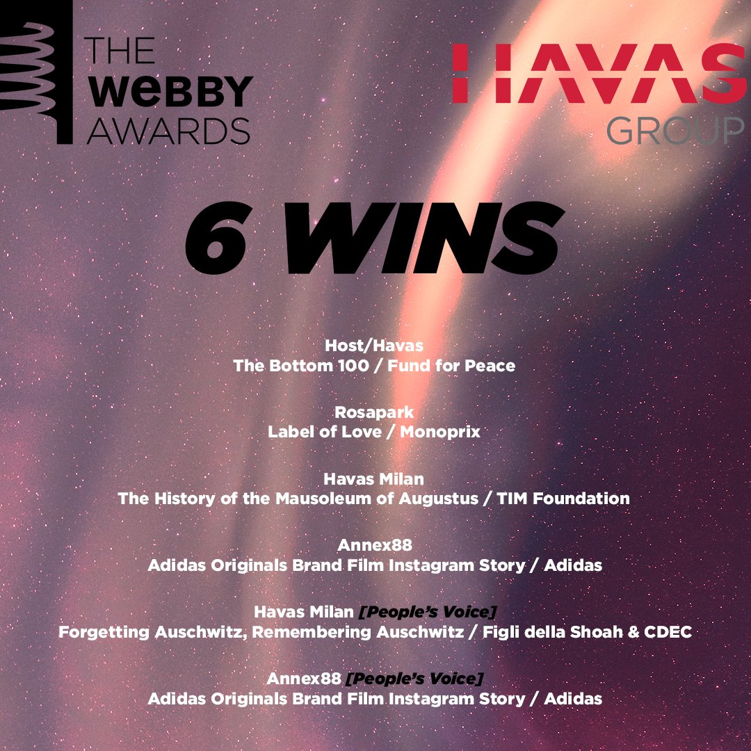havascreative's tweet photo. Congrats to all the @HavasGroup winners at this year's @TheWebbyAwards! 👏
@The_Annex_ , @ROSAPARK_agency, @hosthavas, and Havas Milan #tobettertogether https://t.co/VWe8cwnBd4