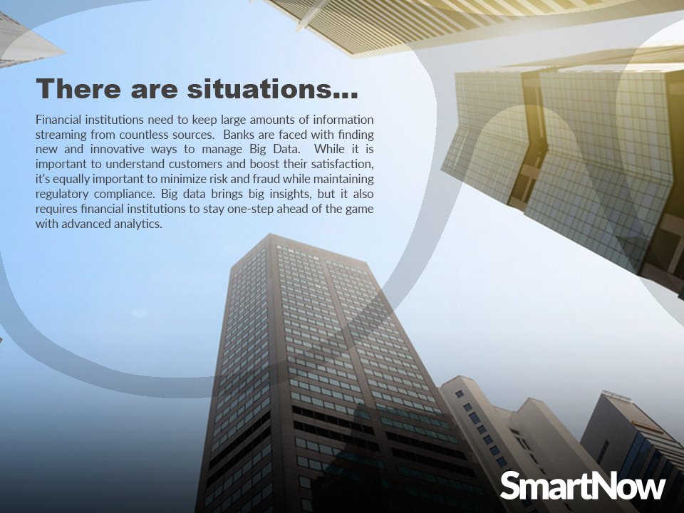 Smartnow_tech's tweet photo. SmartNow Big Data provides significant opportunities for banks to outshine their competition. Our Platform and Real-Time apps also allows the use of disruptive technologies like #ArtificialIntelligence, #blockchain and #IoT to map the customer journey and gain a competitive edge https://t.co/weKcUsFFWA