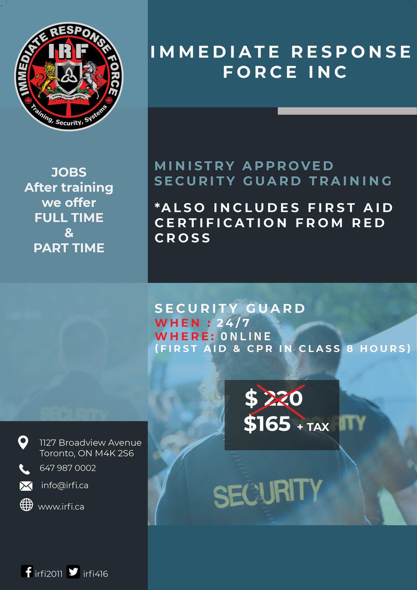 Irs2019's tweet image. IMMEDIATE Security Guard Training and Job Placement. Contact us #security#securitytraining#securityjobs#worksecurity #torontosecurity#irfi