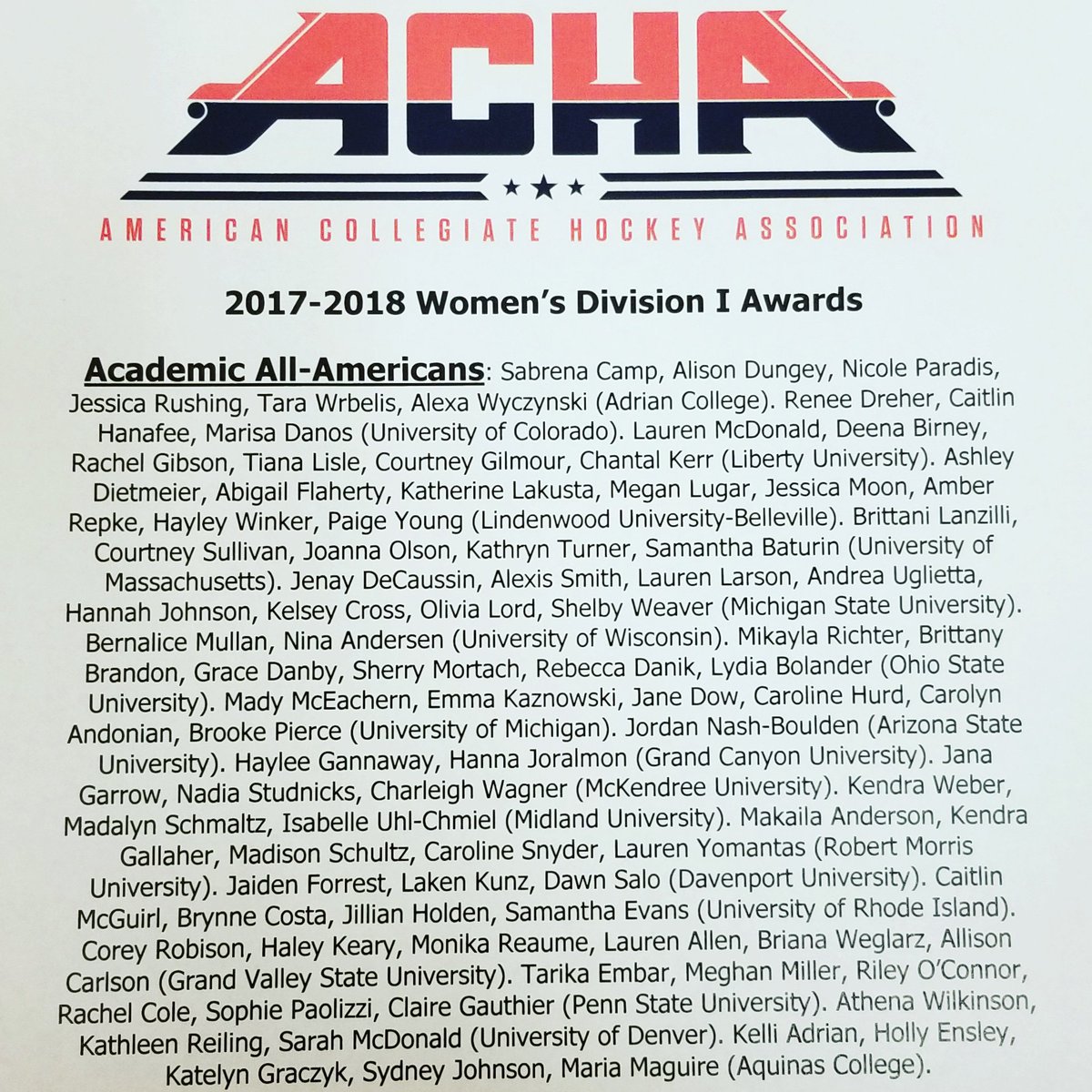 achawomensd1's tweet photo. Congratulations to our 2017-2018 Academic All-Americans. These student athletes are juniors and seniors at their respective schools with a cumulative 3.5 GPA or higher. https://t.co/c7c3ThUaES