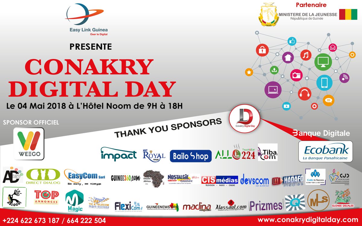 MJEJGUINEE's tweet photo. @ckrydigitalday une opportunité pour: 

- Améliorer les relations entre acteurs du numérique

2- Encourager des projets innovants

3- Développer des écosystèmes de l’économie numérique en Guinée.

#MJEJ partenaire de l'événement.

Rendez vous ce vendredi 04 Mai 2018 à Noom Hôtel https://t.co/jISu4c7y0c