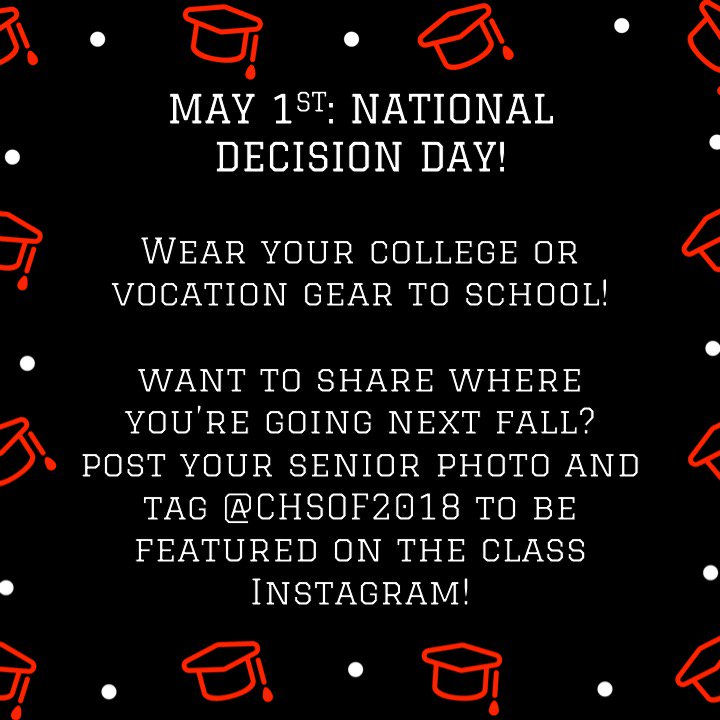 CHS Class of 2018 (@chsof_2018) on Twitter photo Wear your college/vocation gear tomorrow! 
Tag us in your senior photos to be featured on our class Instagram! Wear your college/vocation gear tomorrow! 
Tag us in your senior photos to be featured on our class Instagram!