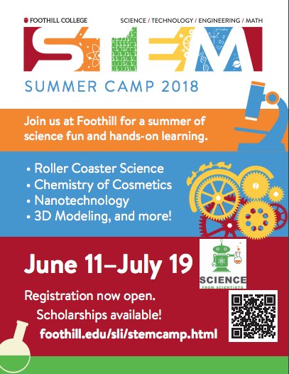 STEM_FH's tweet photo. STEM Summer Camp 2018 - June 11 - July 19 #iamfoothill
Register now!
https://t.co/V56EK9fi2A https://t.co/V6OZWOv2HX