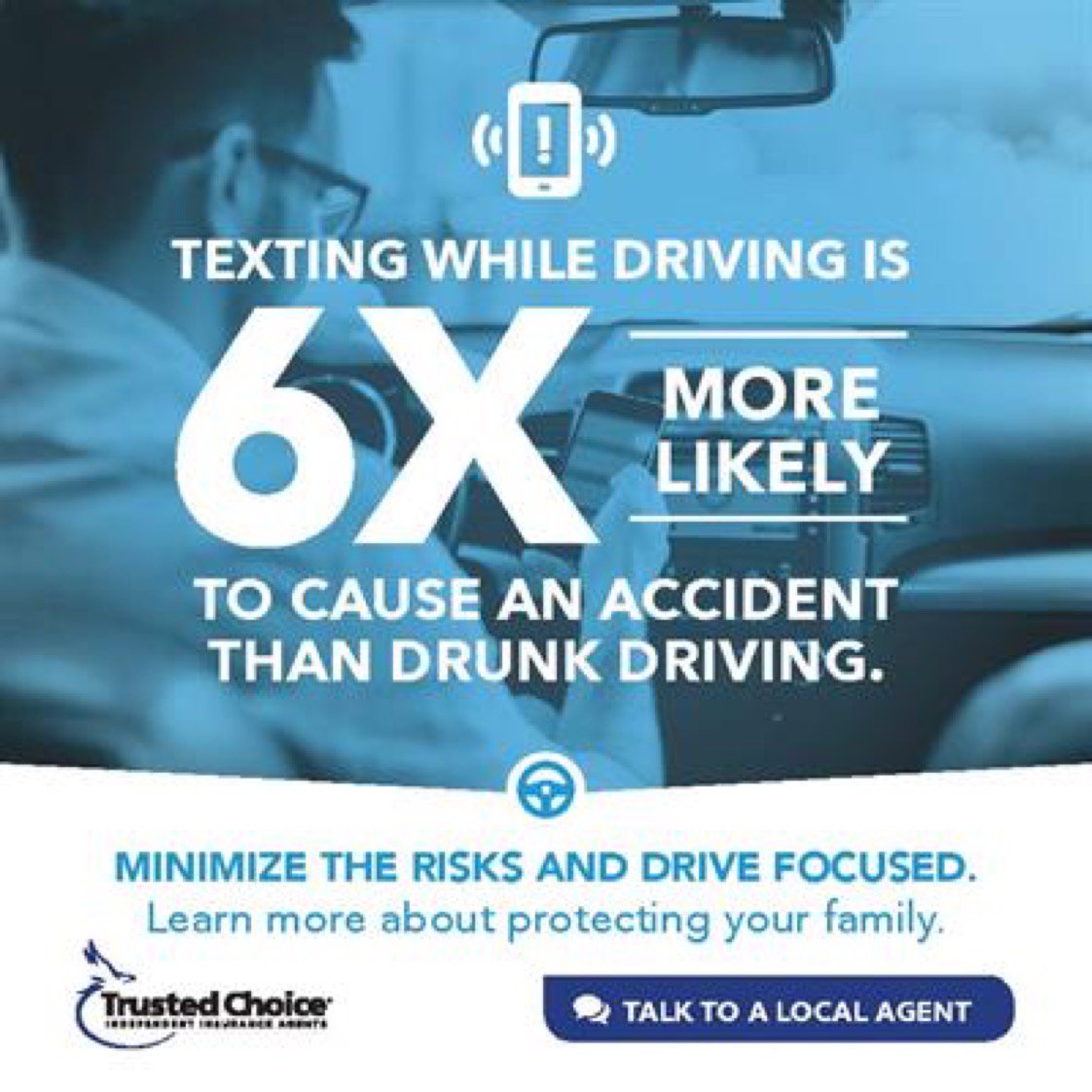 Texting while driving is statistically more dangerous than drunk driving. #DistractedDrivingAwarenessMonth <a href="/Trusted_Choice/">Trusted Choice</a>