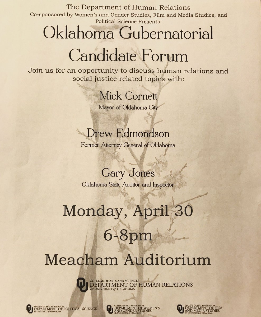 OU_SSHR's tweet image. We are thrilled to host four candidates for the next Governor of Oklahoma TONIGHT. Come out and hear what they think about human relations and social justice topics. 👀 Connie Johnson will also be a part of the forum.