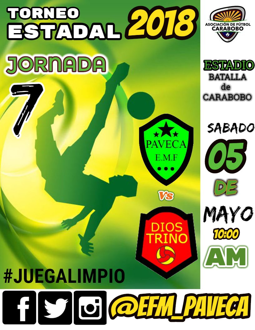EMF_PAVECA's tweet photo. #ProximoReto ⚽
@EFM_PAVECA 

#Estadal2018 🏆
Jornada7
@EFM_PAVECA 🆚 FC DIOS TRINO 
📍 Batalla de Carabobo 
📆 Sabado 05/05/2018
 ⏰ 10:00 AM
⚽️⚽️⚽️⚽️⚽️⚽️⚽️⚽️⚽️⚽️
#Teampaveca #UnidosSomosMas #Haciaelcampeonato https://t.co/o8dKdIG3Eh