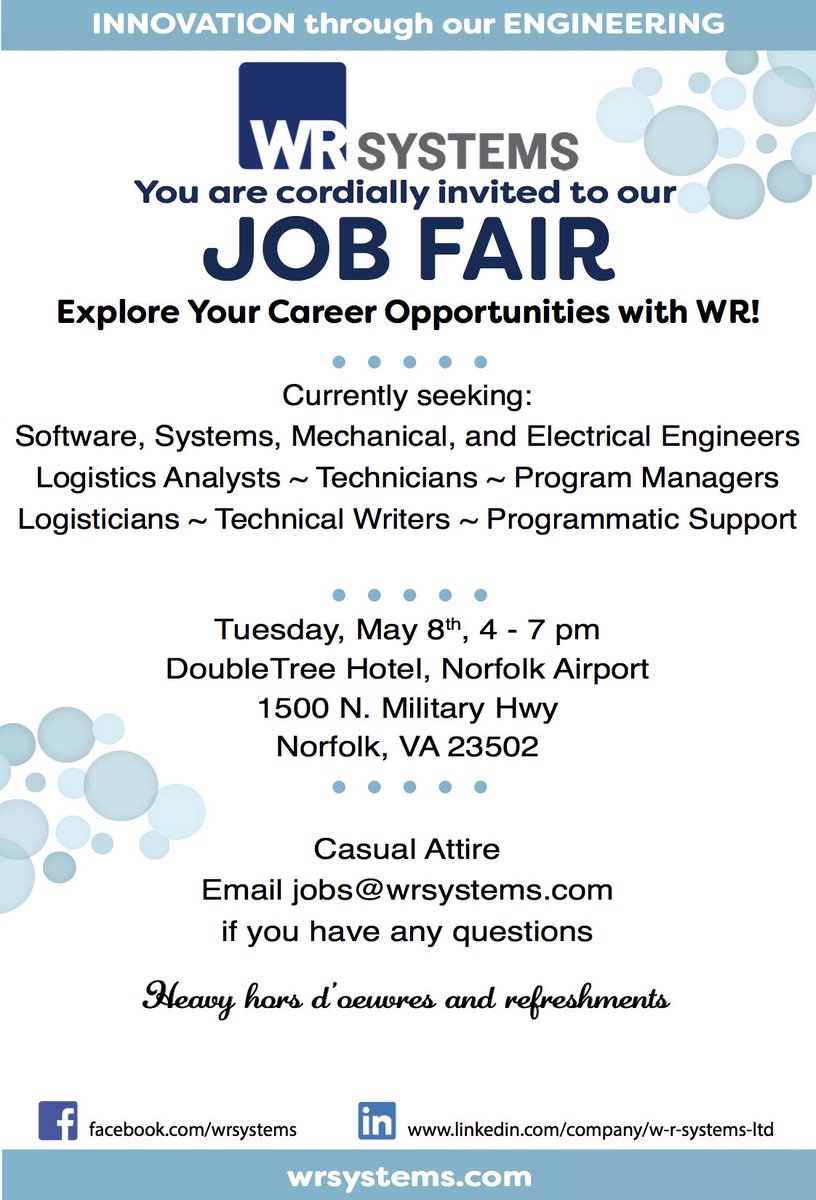 Interested in exploring a new career in the field of Technology?  Opportunity Inc. and Youth Career Center invites you to attend the WR  Systems Job Fair for opportunities in technical writing, program  management and many more! For more information, email jobs@wrsystems.com