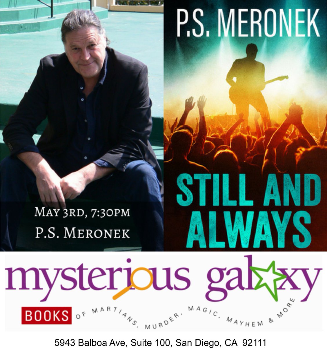 PSMeronek's tweet image. Join me at Mysterious Galaxy Books, San Diego on May 3, 2018 at 7:30pm

#booksbooksbooks #booknerd #booklove #bibliophile #amreading #alwaysreading #ilovebooks #bookreview #bookish #SanDiego #mysterybooks #novels #Goodreads #excellentreviews #mysteriousgalaxybooks #greatstory