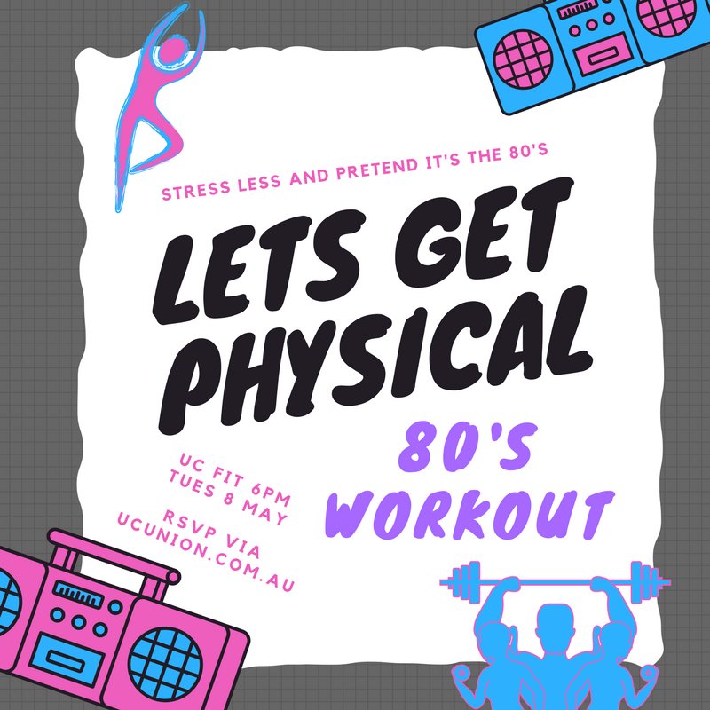 UCFitGym's tweet photo. UC students get on board with this fun dress-up 80s aerobics class for Stress Less Week. Prizes on offer for all who attend. Reserve your spot ASAP. Limited places. #SLW https://t.co/UeaNaqj8lF