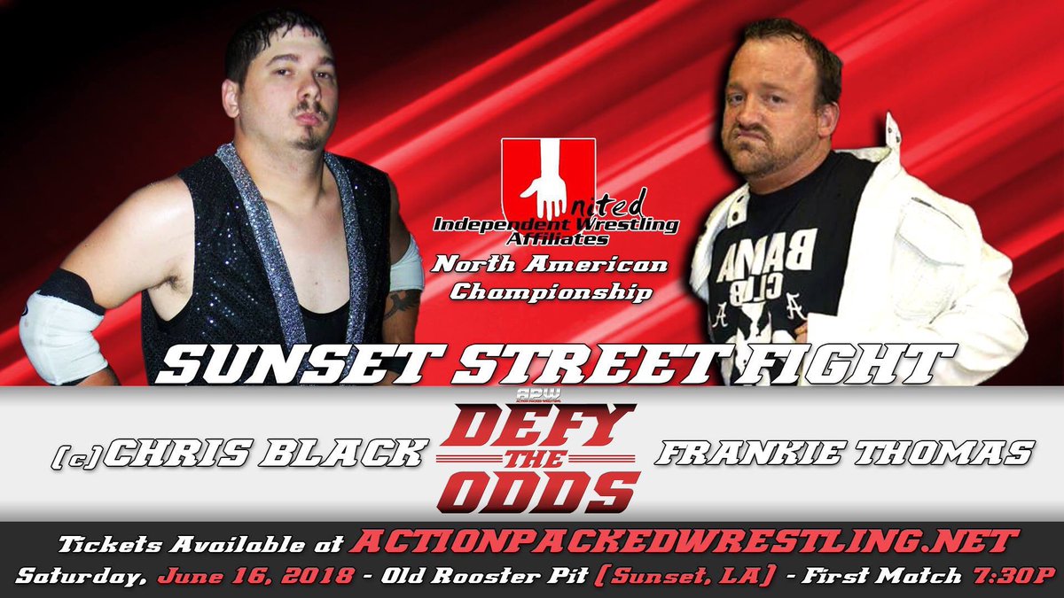 APW_LA's tweet photo. After months of feuding, Chris Black and Frankie Thomas will settle the score once and for all in a SUNSET STREET FIGHT for the @UIWA_Wrestling North American Championship at Defy The Odds!Discounted presale tickets available through Sunday, May 6, 2018 at https://t.co/1tTEIKRiKN https://t.co/VU6UNZDyyA
