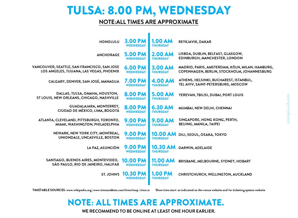 U2Valencia's tweet photo. Horarios para seguir el concierto de #U2 en #Tulsa #U2eiTour (03:00 de la madrugada de miércoles a jueves en España) https://t.co/wRU6uAZdOX