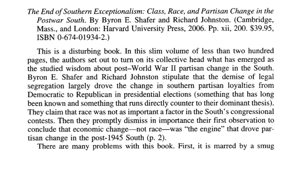 Increasingly, I've seen pundits on the right seize on one outlier in the literature, Byron Shafer and David Johnston's Myth of Southern Exceptionalism. That, however, is filled with factual errors and faulty premises. Here's a typical review from the Journal of Southern History