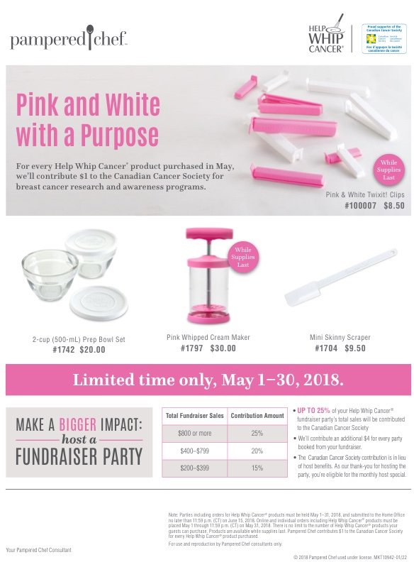 May is Help Whip Cancer Month, purchase any of our "Pink" products and help donate to the breast cancer society.   Or if you want to do more, host a Whip Cancer Fundraiser!   #pamperedchef #cancersucks #pink #helpwhipcancer