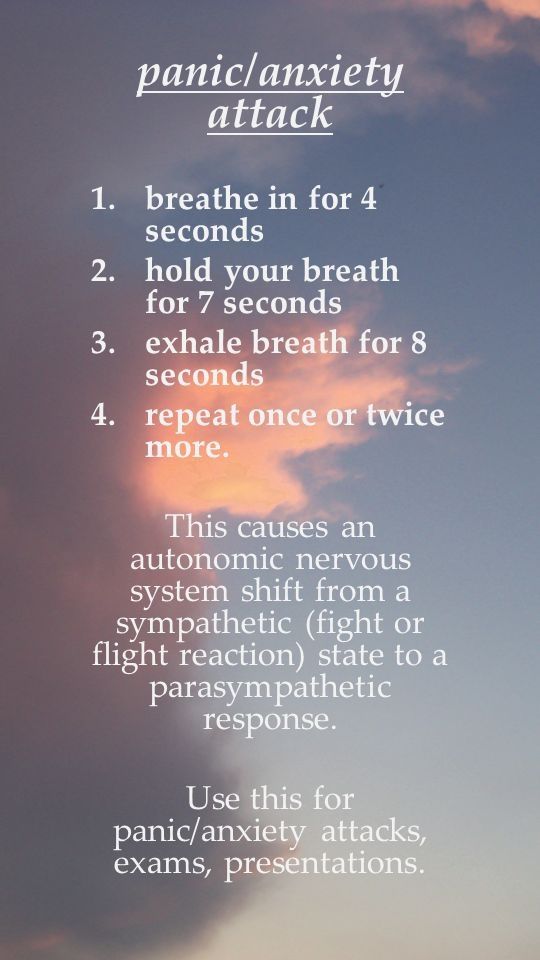 By controlling our breathing we can help slow the heart rate during a panic/anxiety attack, helping relieve some symptoms. Find what techniques help you and take note. You know yourself more than anyone. Part of healing is becoming aware of how to care for ourselves when needed.