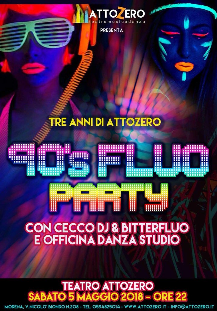 atto_zero's tweet image. Sabato 5 maggio. #90’s #fluoparty #rock #dance #3anni #attozero ore 22.00 #Modena