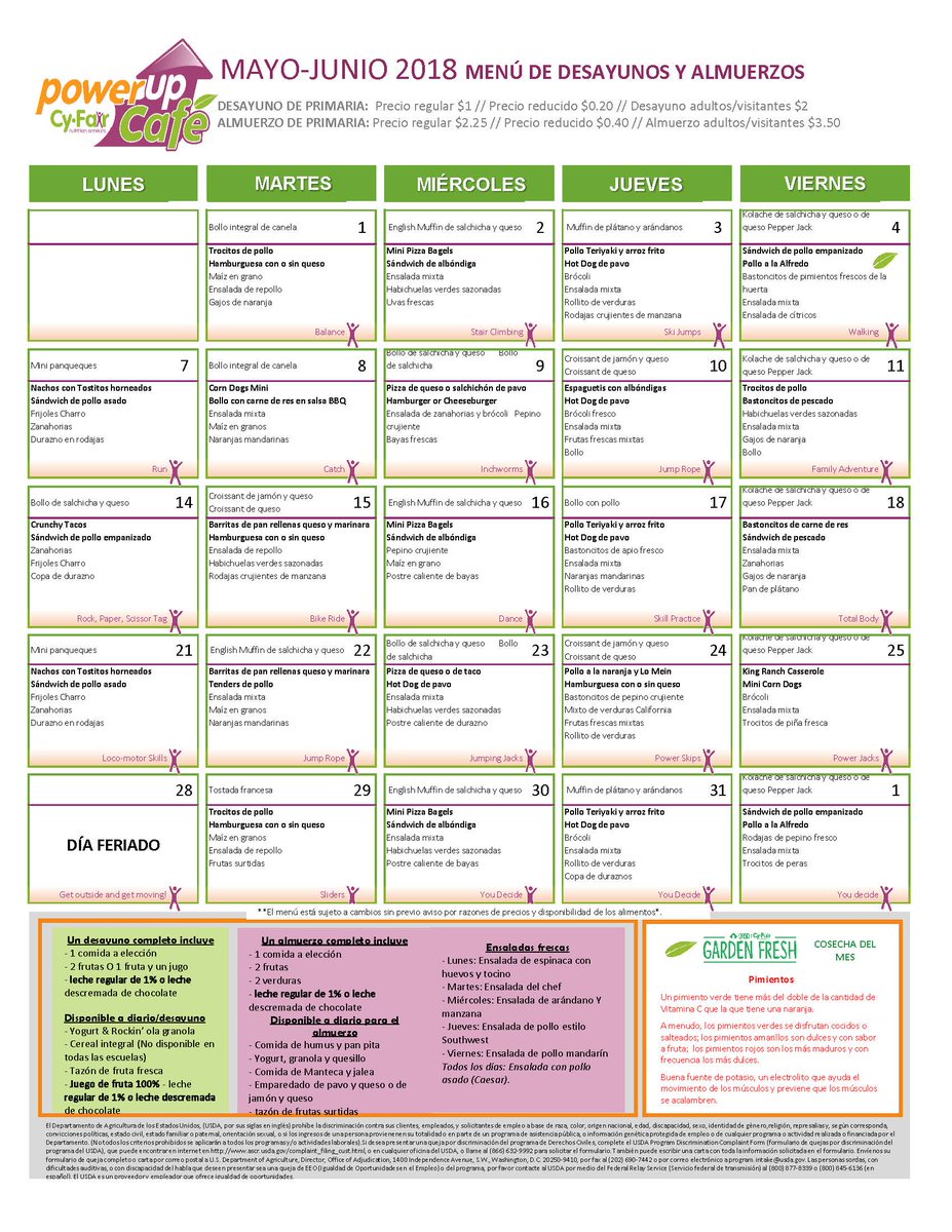 CFISDnoticias's tweet photo. .@CyFairISD ¡Mañana comienza un nuevo mes! Vean los menús de desayunos y almuerzos para mayo y junio en nuestras escuelas. #schoolbreakfast #schoollunch @PowerUpCafe https://t.co/tVndkjlqkA