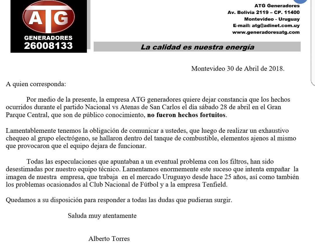 RodrigoRomano76's tweet photo. El comunicado de la empresa Alberto Torres Generadores sobre el apagón del sábado. https://t.co/TJLDxJarS6