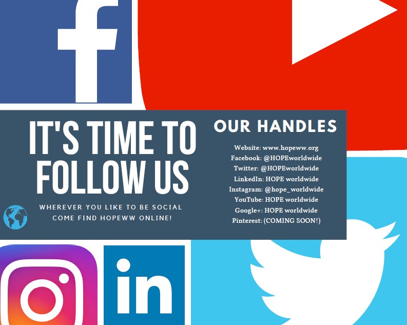 HOPEworldwide's tweet photo. #TIMETOGETSOCIAL ๐ Follow HOPE worldwide TODAY! https://t.co/fg82rEBjT0